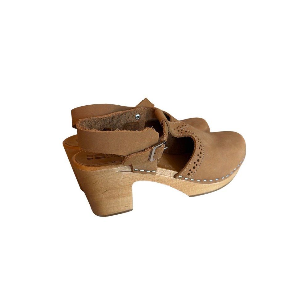 Bjork Clog Sandals Tan Leather T-Strap Swedish Comfort Wood Block Heel - Picture 3 of 7